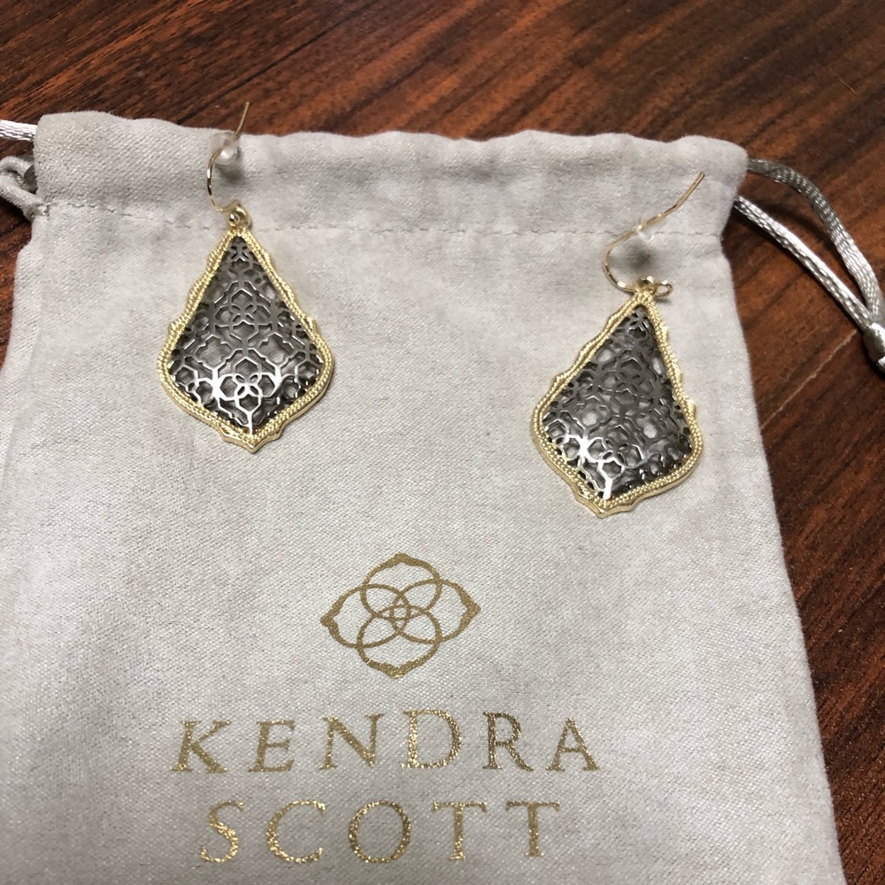 Kendra Scott Addie gold drop earrings in silver filigree.